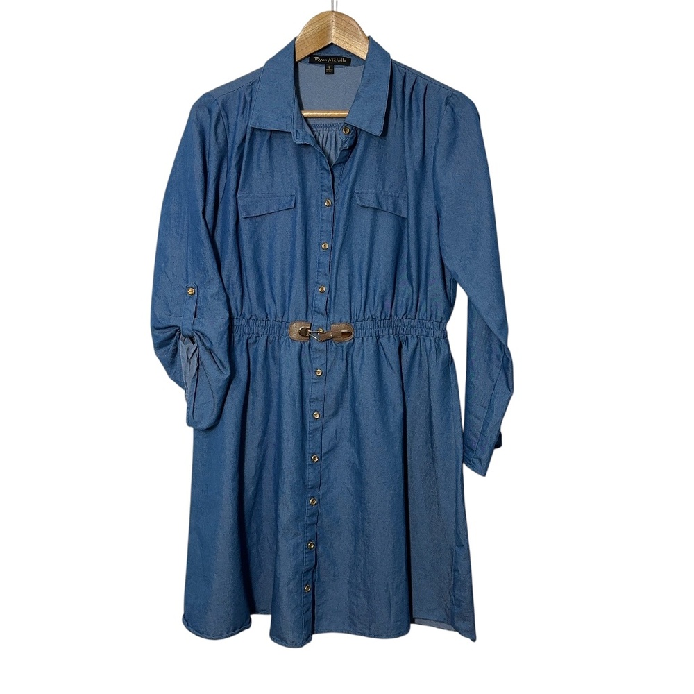 Ryan Michelle Womens Denim Dress Sz L Elastic Waist Faux Belt Office Casual Work